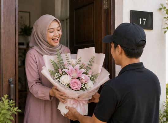 Menerima kiriman bunga di depan pintu rumah
