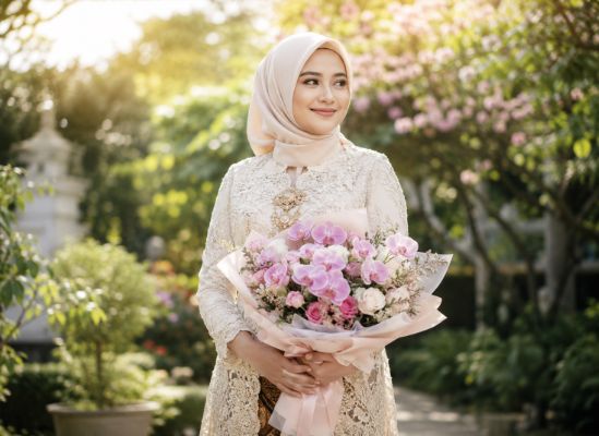 Perempuan dengan buket bunga Hari Kartini
