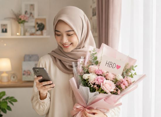Memegang buket bunga ulang tahun