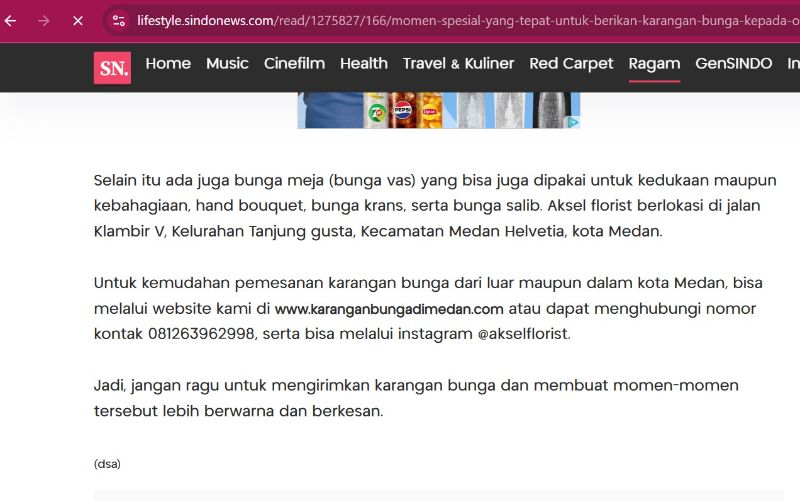 Screenshot liputan media nasional SINDOnews tentang Aksel Florist Medan
