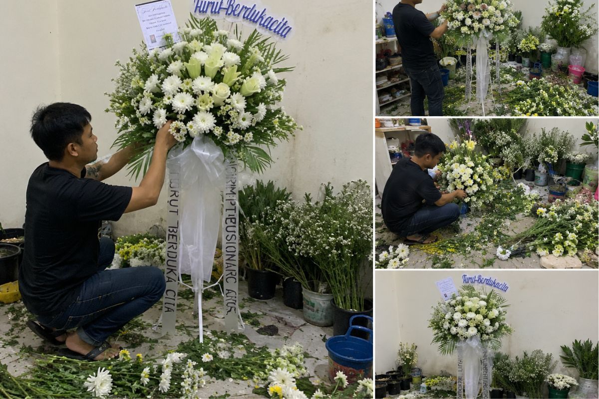 Dokumentasi proses pembuatan standing flower dukacita oleh tim Aksel Florist untuk memenuhi pesanan pelanggan di Kota Medan dan sekitarnya.